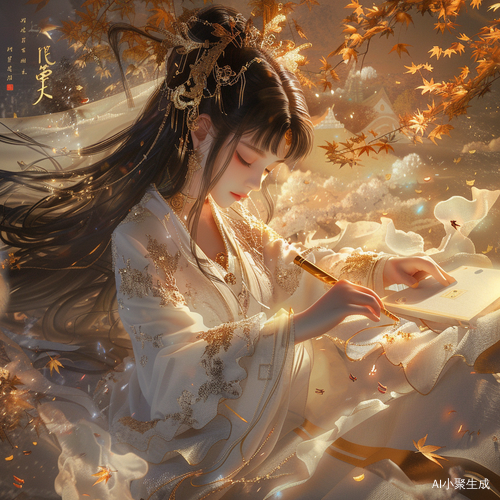 闪耀秋日：神秘女孩在古中国海报上的背景