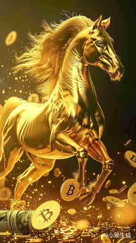金色骏马站在数字货币堆中，散发财富光芒