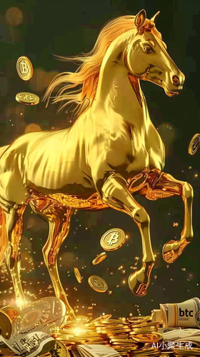金色骏马站在数字货币堆中，散发财富光芒