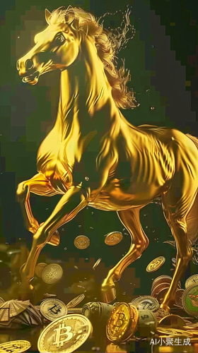 金色骏马站在数字货币堆中，散发财富光芒