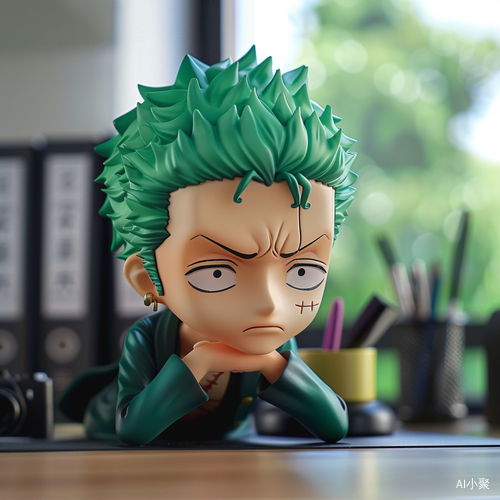 Chibi Zoro Sitting at Office Desk, Adorably Engaged