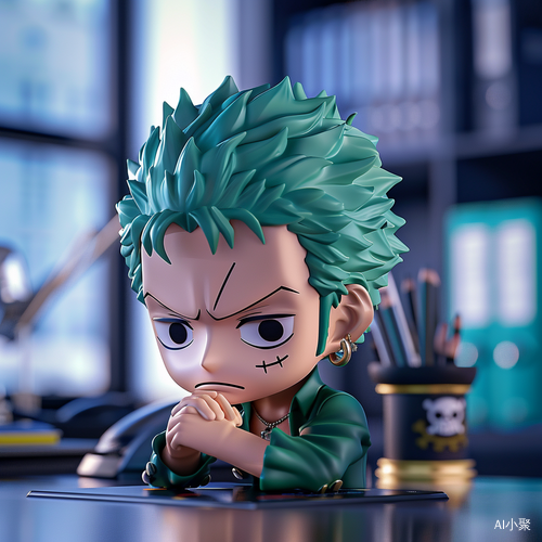 Chibi Zoro Sitting at Office Desk, Adorably Engaged