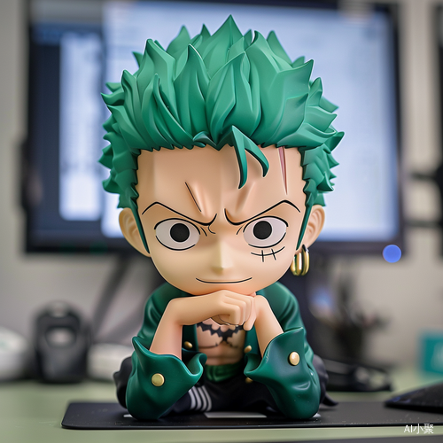 Chibi Zoro Sitting at Office Desk, Adorably Engaged