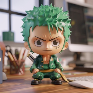 3D chibi Zoro from One Piece, sitting on the desk in the office with green hair and a one piece outfit, sharp focus, ultra realistic in the style of the anime. ar 1:1