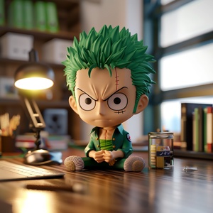 3D chibi Zoro from One Piece, sitting on the desk in the office with green hair and a one piece outfit, sharp focus, ultra realistic in the style of the anime. ar 1:1