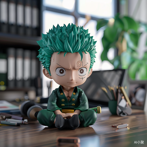 Ultra Realistic 3D Chibi Zoro Sitting on Desk in Office