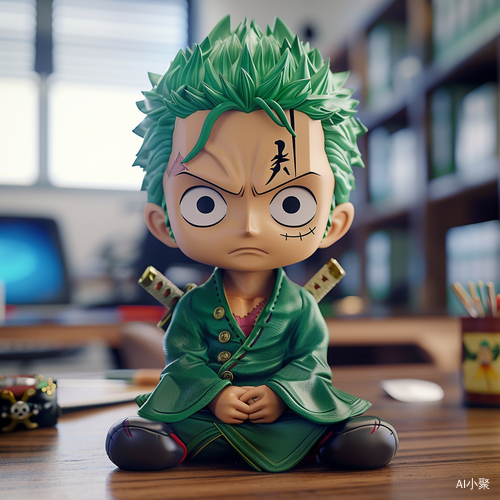 Ultra Realistic 3D Chibi Zoro Sitting on Desk in Office