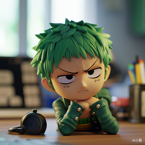 Chibi Zoro Sitting at Office Desk, Adorably Engaged