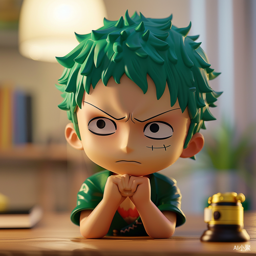 Chibi Zoro Sitting at Office Desk, Adorably Engaged