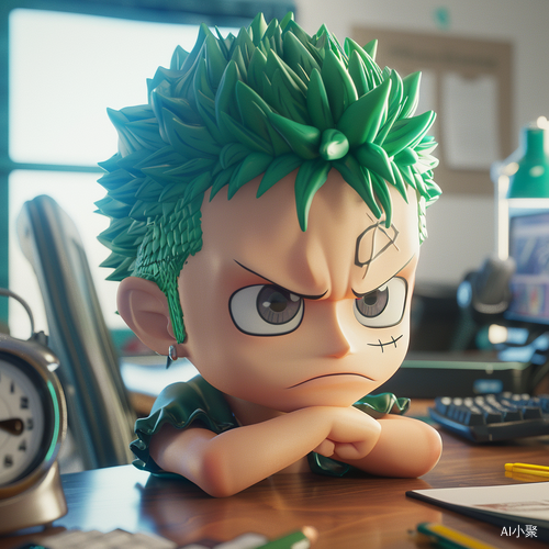 Chibi Zoro Sitting at Office Desk, Adorably Engaged