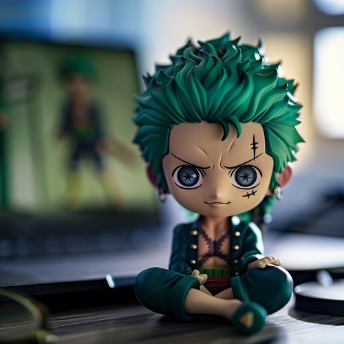 Zoro from One Piece as an anime vinyl toy, sitting on a desk in a cute chibi style with green hair, chibi eyes and face. The toy is made of plastic or wood with color and details painted. The background is an anime office environment with an anime style. The photo was taken in the style of a Canon EOS R5. ar 1:1