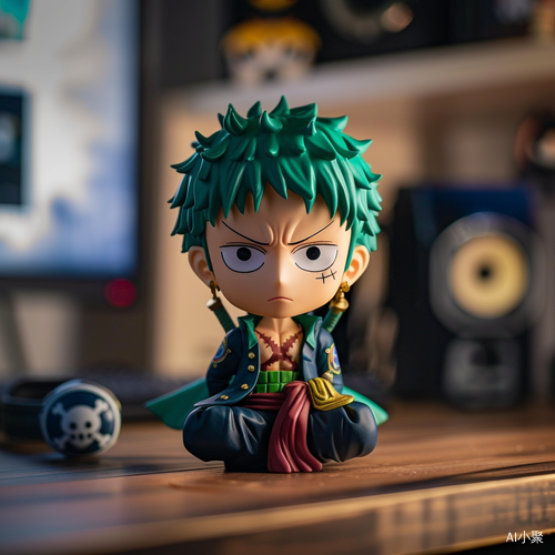 Zoro from One Piece Anime Vinyl Toy in Chibi Style Sitting on Desk