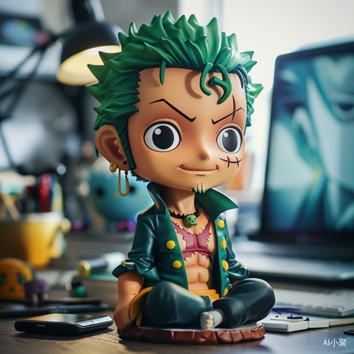 Zoro from One Piece Anime Vinyl Toy in Chibi Style Sitting on Desk