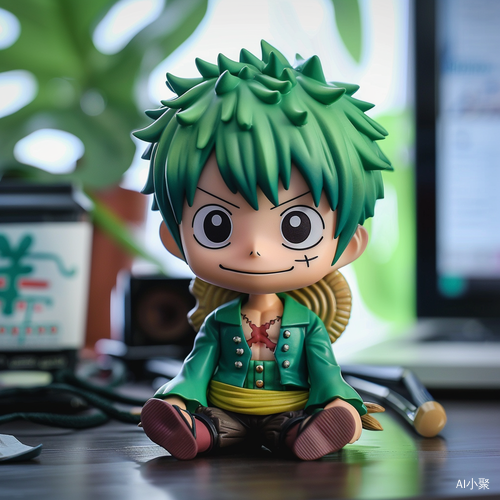 Zoro from One Piece Anime Vinyl Toy in Chibi Style Sitting on Desk