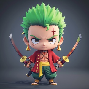 Chibi, Full body, Front close - up, a futuristic avatar, One Piece, Zoro, green hair, swordsman, three swords, gold earrings, in the style of Combrisi, red clothes, exaggerated fashion clothing, trendy accessories, contrasting and conflicting colors, 3 d art, NFT art, gray background, subversive fiber art, 32k uhd ，正面