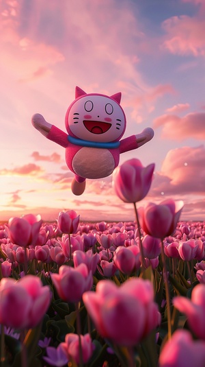 Doraemon floating in the sky, pink tulip fields below, fur material in pink and white, pink face with red cheeks, red mouth, large eyes with black pupils, flying through a field of blooming rose colored tulips, pink sunset sky, wide angle lens, cinematic lighting, high resolution. ar