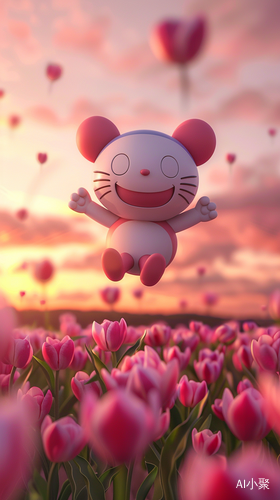 Doraemon Floating in Pink Sky with Tulip Fields