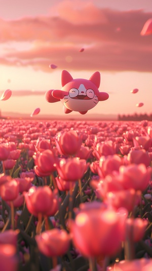 Doraemon floating in the sky, pink tulip fields below, fur material in pink and white, pink face with red cheeks, red mouth, large eyes with black pupils, flying through a field of blooming rose colored tulips, pink sunset sky, wide angle lens, cinematic lighting, high resolution. ar