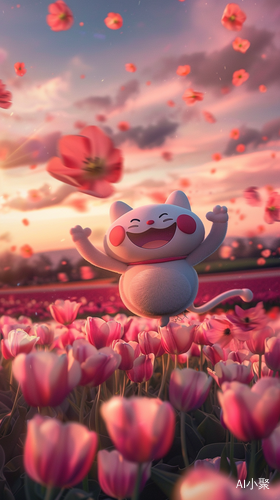 Doraemon Floating in Pink Sky with Tulip Fields