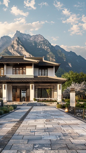 Background Mountains: A Duplex Villa with Cobblestone Structure and Scenic Beauty