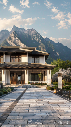 Background Mountains: A Duplex Villa with Cobblestone Structure and Scenic Beauty