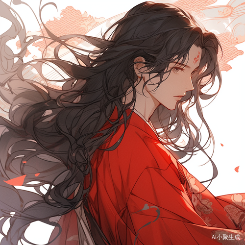 年轻男子脱下红色汉服的黑色长卷发