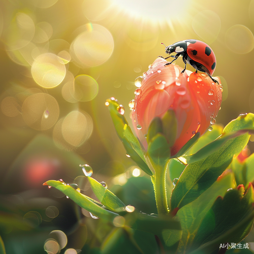 阳光洒在露珠上，小瓢虫伸懒腰