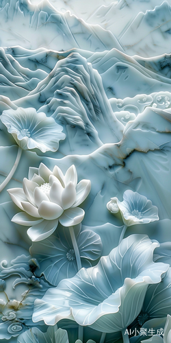 Carved Lotus Landscape with Auspicious Cloud Watercolor Mural