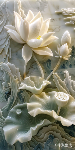 Carved Lotus Landscape with Auspicious Cloud Watercolor Mural