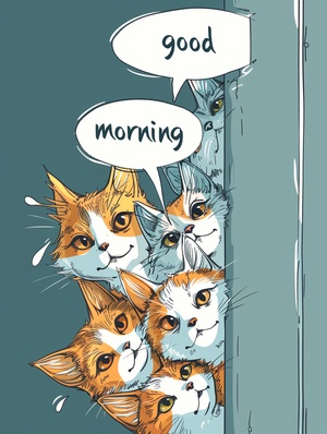 A row of cats peeking out of a wall with the words "Good Morning" in speech bubble, in the style of line drawing style, sōsaku hanga, lively facial expressions, high resolution, simplified, steeliron frame construction, kawaii