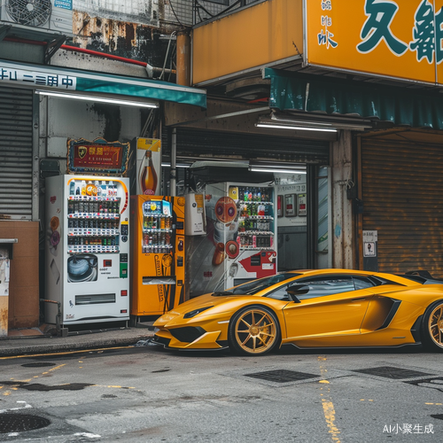 黄色兰博基尼旁的饮料机及香港广告