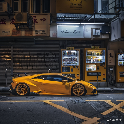 黄色兰博基尼旁的饮料机及香港广告