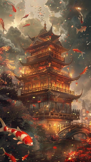 7.17 t@e.od 0707 UlP: AI绘画练习（14）|国风锦鲤。幻想国风~ illustration poster designgraphic designbeautiful ancient Chinese architecture auspicious cloudsgoldfishexaggerated wavesflowerswater flowabstract illustration edge light, dreamfantasyfireworksvector line illustrationsurrealism ar 9:16 # ai绘画