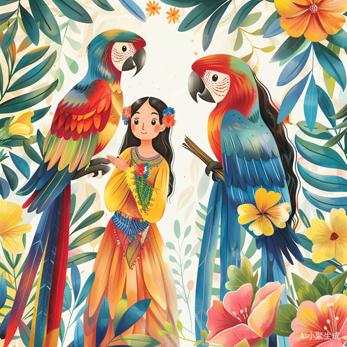 自然清新：年轻女性、彩色鹦鹉和花卉的细腻插画