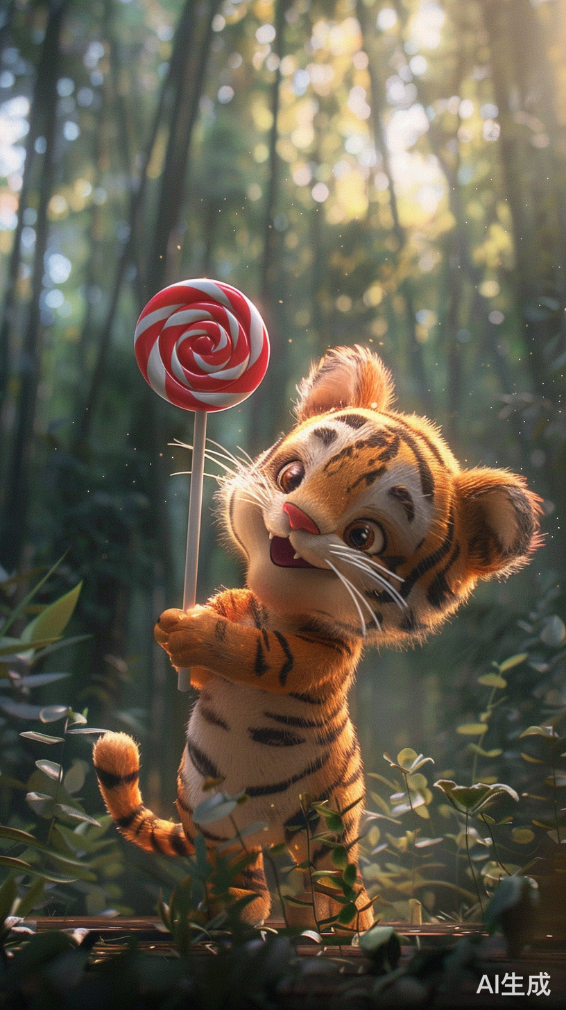 可爱的小老虎手持棒棒糖与读者好奇对望