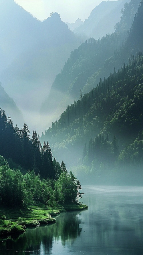 高耸入云的山峰，绵延不断的水域，郁郁葱葱的森林，蜿蜒曲折的小径，波光粼粼的湖面，迎风摇曳的树叶，世外桃源般的宁静，清晨的雾气弥漫，翠绿的草地铺展，鸟儿歌唱的动听，山川交融的壮丽景色，层峦叠嶂的山坡，清凉的溪水流淌，枝繁叶茂的树冠，美丽的自然风光，倒映在水中的影像，清净的空气弥漫，潺潺的小溪流动，繁花似锦的草丛，遮阳的树荫下休憩，湖岸边轻柔的微风，幽暗的森林蕴藏神秘