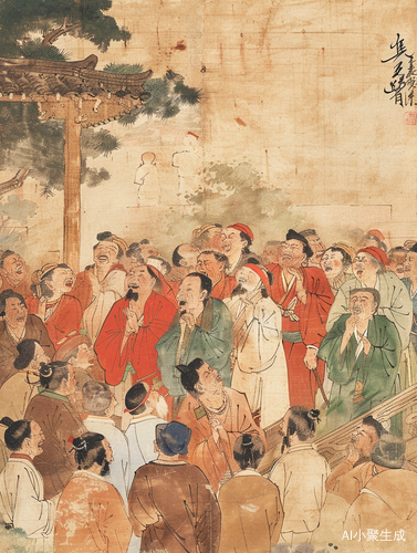 人群围笑男农夫