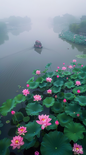 烟雨扬州，粉色荷花的美丽景色