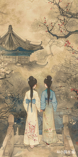 背影牵手，古风女孩，白与青蓝相映山水亭