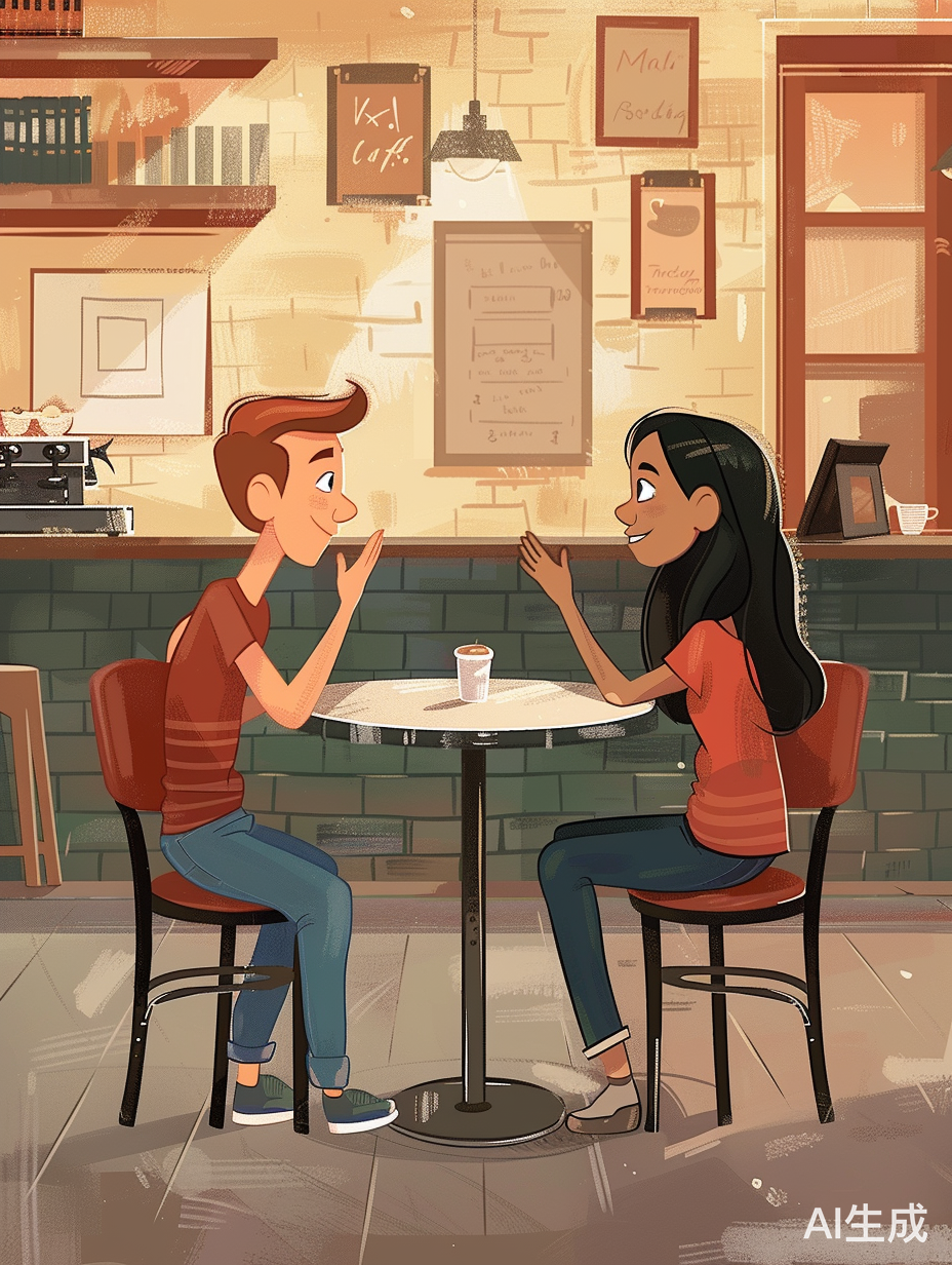卡通插画：德国街边咖啡厅的学生打招呼