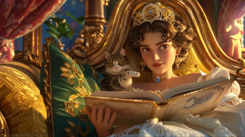 A very beautiful girl is reading a book while lying on a golden sofa with a jeweled artwork cat next to her