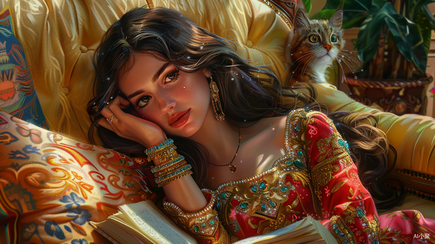 A beautiful girl reading a book with a jeweled artwork cat