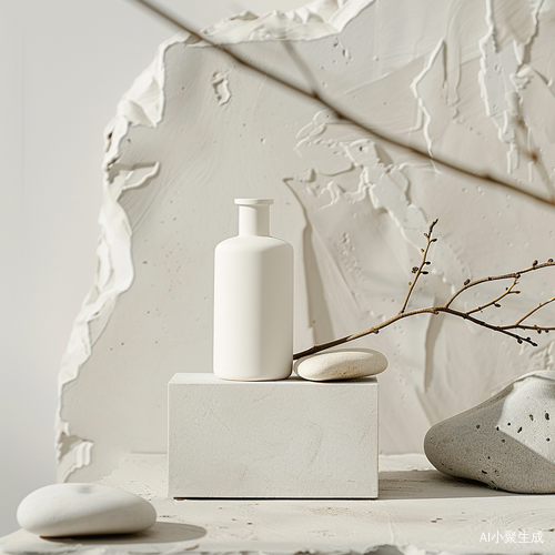 Sleek White Bottle on White Ledge with Concrete Block Fragments
