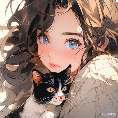 美少女抱猫特写：精致五官与妆容的极简超清肖像