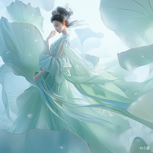 Surreal Cyan-Green 16K Dream Scene: Lotus Leaf and Delicate Face