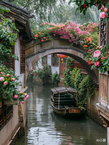 江南雨季花开小桥下的小船