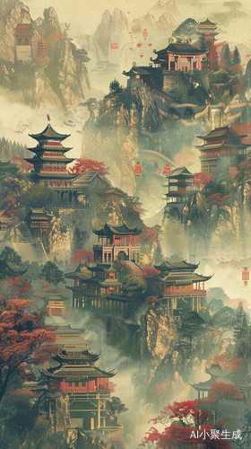 中国古建筑与山水画卷海报