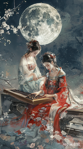古筝声里，花前月下的山水国画