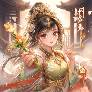 动漫风，一个黄色头发蓝色眼睛女孩，穿着多彩汉服，汉朝古风，张开嘴巴愤怒表情，右手拿剑，左手指远方，站在宫殿里面，富丽堂皇，高清杰作，16K，人物特写，远景，上半身展示