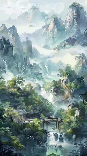 以下是一幅中国山水画的场景描写：画面远处，群山叠翠，云雾缭绕，仿佛人间仙境。山间清泉潺潺，汇成一条宽阔的河流，蜿蜒穿过峡谷，向着远方的平原流淌。在河边，一片茂密的树林生机盎然，树叶绿意盎然，随风摇曳，仿佛在低语。近处，一座古朴的木桥横跨河面，连接着两岸的村庄。桥上，几位行人悠闲地走过，有的手持伞，有的负着行囊，似乎在享受这美好的自然风光。村庄里，白墙黑瓦的房屋错落有致，缕缕炊烟升起，弥漫着宁静祥和的氛围。天空湛蓝，阳光透过云层洒在山水之间，形成斑驳的光影。几只鸟儿在天空中翱翔，欢快地鸣叫，为这宁静的山水画卷增添了几分生动和活力。整幅画面以中国传统水墨画技法表现，用笔遒劲有力，墨色浓淡相宜。画家巧妙地运用留白手法，使画面具有一种空灵、悠远的意境。观者在这幅山水画前，仿佛能感受到山间的清风、水面的波光和林间的鸟鸣，让人陶醉于这自然与人文的和谐交响之中。8k，顶级品质